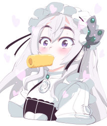 10s 1girl blush butterfly_hair_ornament chaika_trabant female_focus food hair_ornament hairband heart hitsugi_no_chaika lolita_hairband long_hair mouth_hold purple_eyes saliva sexually_suggestive silver_hair solo sweat touge_hiro umaibou