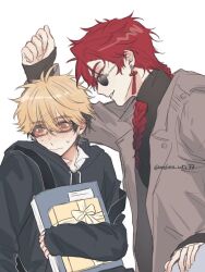 2boys alternate_costume andrea_wts77 backpack bag bespectacled black_hair black_hoodie black_shirt blonde_hair blush book box braid braided_ponytail brown_coat closed_mouth coat collared_shirt earrings full-face_blush gift gift_box glasses hair_between_eyes hair_over_shoulder height_difference holding holding_book holding_gift hood hood_down hoodie jewelry kabedon long_hair long_sleeves looking_at_another male_focus multicolored_hair multiple_boys open_clothes orange_eyes pants parted_lips profile red_hair round_eyewear shiguang_dailiren shirt short_hair simple_background single_braid single_earring sitting smile sunglasses sweat tassel tassel_earrings turtleneck twitter_username two-tone_hair upper_body white_background white_shirt xia_fei xiao_weiying yaoi