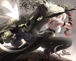 1girl absurdres artist_logo ass back black_choker black_gloves black_horns black_pants black_shoes blonde_hair breasts choker commentary curled_horns from_behind gloves greatsword high_heels highres holding holding_behind_back holding_sword holding_sword_behind_back holding_weapon holding_weapon_behind_back horns large_breasts logo long_hair median_furrow necktie necktie_around_wrists pants red_necktie shirt shoes solo spiritdraws sword tacet_mark_(wuthering_waves) torn_clothes torn_shirt weapon white_shirt wuthering_waves zani_(wuthering_waves)