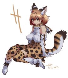 1girl animal_ears belt blonde_hair boots bow bowtie cat_ears cat_girl cat_tail covered_erect_nipples elbow_gloves extra_ears full_body gloves kemono_friends looking_at_viewer nyororiso_(muyaa) serval_(kemono_friends) shirt short_hair simple_background sitting skirt sleeveless sleeveless_shirt solo tail thighhighs yellow_eyes