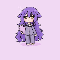 1girl bare_shoulders blush camisole chibi closed_mouth collared_shirt commentary_request dress_shirt frilled_pillow frills full_body grey_pajamas grey_pants grey_shirt hair_between_eyes highres holding holding_pillow honkai_(series) honkai_impact_3rd long_hair looking_at_viewer mokkyo_(motkyo) off_shoulder pajamas pants pillow pink_background purple_hair shadow shirt simple_background sirin solo standing very_long_hair white_camisole yellow_eyes