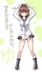 1girl :3 antlers armored_boots arms_up black_sailor_collar black_skirt blush bob_cut boots breasts brown_eyes brown_hair chibiosaka closed_mouth commentary copyright_name cosplay dancing deer_antlers deer_girl full_body green_background grey_boots grey_necktie headgear horns kantai_collection kneehighs long_sleeves looking_at_viewer miniskirt necktie pleated_skirt sailor_collar school_uniform serafuku shikanoko_noko shikanoko_noko_(cosplay) shikanoko_nokonoko_koshitantan shirt short_hair skirt small_breasts smile socks solo spread_legs standing straight-on translated white_background white_shirt white_socks yukikaze_(kancolle) yukikaze_kai_ni_(kancolle)