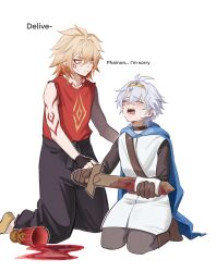 2boys aged_down antenna_hair arm_tattoo black_gloves black_pants blonde_hair blue_cape braid brown_gloves cape closed_eyes coat commentary english_commentary facial_tattoo fingerless_gloves gloves gradient_hair hair_between_eyes highres holding holding_sword holding_weapon honkai:_star_rail honkai_(series) kneeling lin_(chuuchuyi) looking_at_another male_focus medium_hair multicolored_hair multiple_boys mydei_(honkai:_star_rail) official_alternate_costume open_mouth pants phainon_(honkai:_star_rail) red_hair red_shirt red_tattoo shirt short_hair side_braid simple_background sleeveless sleeveless_shirt spill sword tattoo tears weapon white_background white_coat white_hair wooden_sword yellow_eyes