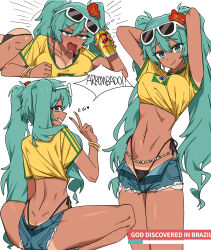 1girl :3 abstractpurple absurdres aqua_eyes aqua_hair arms_up artist_collaboration ass back bead_necklace beads bikini bikini_under_clothes black_bikini blush bracelet brazilian_flag brazilian_flag_print brazilian_miku breast_press breasts can channel_(caststation) collarbone commentary cropped_shirt cutoffs denim denim_shorts dimples_of_venus drink duplicate earrings english_commentary english_text eyewear_on_head fang flag_print flower from_behind green_nails green_trim hair_between_eyes hair_flower hair_ornament hatsune_miku heart highres holding holding_can jewelry large_breasts long_hair looking_at_viewer looking_back lying mixed-language_commentary multicolored_nails multiple_views nail_polish navel navel_piercing necklace on_stomach open_clothes open_fly open_mouth open_shorts piercing pixel-perfect_duplicate portuguese_text profile rectangular_earrings red_flower saliva shirt short_shorts short_sleeves shorts side-tie_bikini_bottom simple_background skin_fang skol smile speech_bubble squatting standing sunglasses swimsuit tan tanline tanline_peek torn_clothes torn_shorts translated twintails v vocaloid white_background yellow_nails yellow_shirt