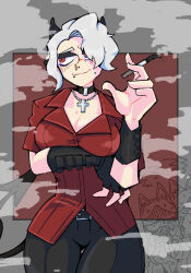 3girls animal_ears black_pants breasts cerberus_(helltaker) collared_shirt demon_girl demon_horns demon_tail dog_ears dog_girl helltaker horns kcmt7785 large_breasts looking_to_the_side multiple_girls pants red_eyes red_shirt shirt short_hair smile smoking tail zdrada_(helltaker)