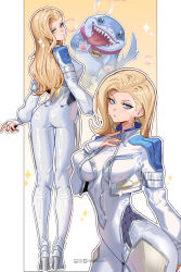 1girl 1other animal artist_name ass blonde_hair blue_eyes blush breasts bubble closed_mouth crescent dagger_(marvel) earrings fingerless_gloves fins fish_tail formal_clothes full_body gloves hand_on_own_chest high_heels highres inhoso jacket jeff_(marvel) jewelry long_hair long_sleeves looking_at_viewer marvel marvel_rivals moon_tattoo navel shark_tail sharp_teeth smile sparkle sparkling_eyes suit tail tattoo teeth thighhighs thighs tight_clothes tongue tongue_out wet white_suit yellow_background