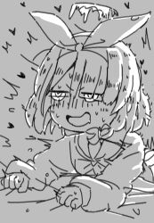 1girl ^^^ absurdres arona_(blue_archive) bed_sheet blue_archive blush bow bow_hairband bowtie braid commentary_request drooling grey_background greyscale hairband halo heart highres implied_sex jitome kuragesensei long_sleeves looking_ahead lying medium_hair melting_halo monochrome mouth_drool nose_blush on_stomach open_mouth out-of-frame_censoring puffy_long_sleeves puffy_sleeves sailor_collar school_uniform serafuku sheet_grab shirt side_braid sidelighting simple_background single_braid sketch skirt smile solo sweat upper_body v-shaped_eyebrows very_sweaty