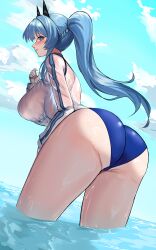 Rule 34 | 1girl, absurdres, ass, bikini, blue bikini, blue eyes, blue hair, blue sky, braid, breasts, cloud, commentary, day, dutch angle, from behind, gloves, goddess of victory: nikke, hair ornament, half up braid, hand on own thigh, hand up, helm (aqua marine) (nikke), helm (nikke), highres, horizon, kopepan (kopepann11), large breasts, leaning forward, long hair, long sleeves, looking at viewer, looking back, no pants, ocean, official alternate costume, outdoors, parted lips, ponytail, profile, see-through clothes, see-through shirt, shirt, sidelocks, sideways glance, sky, solo, standing, swimsuit, wading, water, wet, wet clothes, wet shirt, white gloves, white shirt
