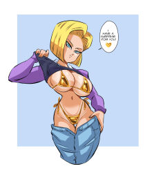 Rule 34 | 1girl, android 18, bikini, blonde hair, blue eyes, breasts, breasts out, dragon ball, dragon ball super, english text, excited, excited for sex, funsexydragonball, gold bikini, happy, heart, highres, smile, solo, speech bubble, swimsuit, thick thighs, thighs, undressing
