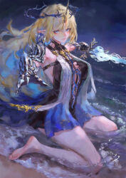 1girl absurdres armor armored_gloves bare_shoulders barefoot beach black_collar black_dress blonde_hair blue_eyes breasts closed_mouth collar colored_inner_hair commentary_request crown_of_thorns dress earrings feet fleurdelys_(wuthering_waves) floating_crown floating_earrings gauntlets highres hjwhuhu holding holding_sword holding_weapon horns jewelry large_breasts legs looking_at_viewer multicolored_hair outstretched_arms pointy_ears shore shoulder_armor single_horn sitting solo sword tabard wariza water waves weapon white_tabard wuthering_waves yellow_horns
