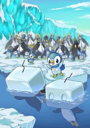 absurdres afloat bird cloud commentary_request day eiscue eiscue_(ice) empoleon evolutionary_line gen_4_pokemon gen_8_pokemon highres ice nintendo no_humans open_mouth outdoors penguin piplup pokemon pokemon_(creature) prinplup q-chan sky snow standing water