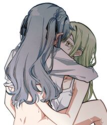 2girls absurdres arms_around_neck bang_dream! bang_dream!_it&#039;s_mygo!!!!! between_legs black_ribbon blue_hair blush bottomless bucishiro camisole clothes_lift collarbone colored_eyelashes commentary ear_blush face-to-face facing_another green_hair hair_ornament hair_ribbon hairclip hand_under_clothes hand_under_shirt hand_up hands_on_another&#039;s_back highres hug legs_up long_hair long_sleeves looking_at_another multiple_girls one_eye_covered ribbon shirt shirt_lift simple_background striped_ribbon sweat togawa_sakiko undressing_another wakaba_mutsumi white_background white_camisole white_shirt yellow_eyes yuri