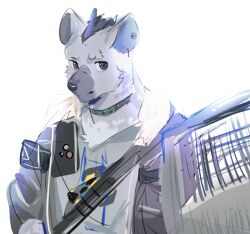 1boy aican arknights ballistic_shield black_hair black_jacket closed_mouth ear_piercing eyebrow_piercing face_piercing furry furry_male grey_fur grey_shirt hyena_boy hyena_ears infection_monitor_(arknights) jacket looking_at_viewer male_focus multicolored_hair piercing shield shirt spot_(arknights) streaked_hair white_background