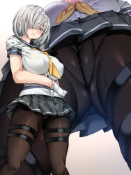 1girl black_pantyhose black_sailor_collar black_skirt blunt_bangs blush bra bra_visible_through_clothes breasts cameltoe close-up closed_mouth commentary_request covered_erect_nipples embarrassed from_below gloves gradient_background grey_eyes grey_hair hair_ornament hair_over_eyes hairclip hamakaze_(kancolle) highres impossible_clothes kantai_collection large_breasts long_bangs mtu_virus multiple_views no_panties panties panties_under_pantyhose pantyhose pleated_skirt sailor_collar school_uniform serafuku shirt short_hair short_sleeves simple_background skirt standing sweat thigh_strap torisan underwear upskirt white_gloves white_shirt yellow_bra yellow_neckwear zoom_layer