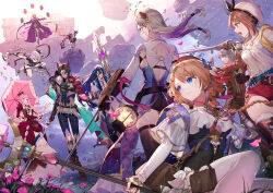 3boys 6+girls absurdres ahoge animal_ears antje_moltke armor asymmetrical_sleeves atelier_(series) atelier_escha_&amp;_logy atelier_resleriana atelier_ryza backless_outfit bandaged_arm bandages belt black_gloves black_hair black_shorts black_thighhighs blonde_hair blue_coat blue_eyes blue_hair blue_pants book braid braided_ponytail breasts broken_horn brown_eyes brown_hair brown_jacket brown_pants capelet cat_ears choker clothing_cutout coat criselda_(atelier) johanna_(atelier) crown demon_horns detached_sleeves dress dual_wielding eyepatch fingerless_gloves floating floating_island flower frilled_dress frills geron_diesel gloves hair_between_eyes hair_ornament hairclip hat highres holding holding_polearm holding_staff holding_umbrella holding_weapon horns jacket jewelry juliet_sleeves lantern lara_trockel logix_ficsario long_sleeves looking_at_another looking_back mismatched_sleeves multicolored_hair multiple_belts multiple_boys multiple_girls necklace noco_(adamas) o-ring official_art open_mouth pale_skin pants pauldrons pink_choker pink_eyes pink_hair polearm pouch promotional_art puffy_sleeves purple_coat purple_hair red_dress red_eyes red_shorts reisalin_stout resna_sternenlicht ruins shirt short_hair short_shorts shorts shoulder_armor sideboob single_pauldron sitting staff standing star_(symbol) star_choker streaked_hair sword thigh_pouch thigh_strap thighhighs thighs tokki two-tone_hair umbrella umiu_geso valeria_(atelier) walther_mann weapon white_dress white_hair white_jacket white_shirt white_thighhighs yellow_eyes