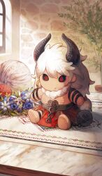 asterios_(fate) blue_flower character_doll chocolate_river_no_sono_saki_ni commentary_request cotelier doll fate/grand_order fate_(series) flower flower_request indoors no_humans object_focus official_art plant potted_plant still_life third-party_source white_flower window yarn yarn_ball