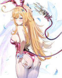 1girl absurdres alternate_costume animal_ears ass back bare_shoulders blonde_hair blue_eyes blush braid breasts commentary cowboy_shot cowlick escoffier_(genshin_impact) fake_animal_ears fake_tail fork_hair_ornament genshin_impact hair_ornament highleg highleg_leotard highres large_breasts leotard long_hair looking_at_viewer looking_back pantyhose pink_leotard playboy_bunny rabbit_ears so2mizura solo strapless strapless_leotard tail white_pantyhose wrist_cuffs