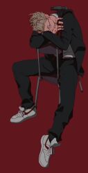1boy belt belt_buckle black-framed_eyewear black_jacket black_necktie black_pants black_suit blonde_hair buckle chair claw_hammer crossed_arms dorohedoro fingernails formal_clothes galeblack glasses hammer highres holding holding_hammer jacket long_sleeves looking_to_the_side male_focus necktie open_clothes open_jacket pants red_background scar scar_on_hand shin_(dorohedoro) shirt shirt_tucked_in shoes short_hair sideways_glance simple_background sitting sitting_backwards sneakers solo suit suit_jacket white_shirt white_shoes