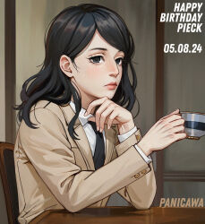 1girl adelheid_(moschiola) black_eyes black_hair black_necktie brown_jacket chair commentary cup dated expressionless frown happy_birthday highres holding holding_cup jacket medium_hair necktie pieck_finger shingeki_no_kyojin solo table upper_body