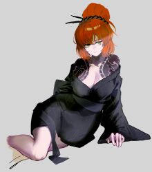 1girl black_kimono breasts cleavage cloud_tattoo freckles green_eyes grey_sash hair_bun hair_ornament hair_stick highres holding holding_sword holding_weapon irezumi ishmael_(project_moon) japanese_clothes kimono kurokumo_clan_(identity)_(project_moon) large_breasts limbus_company long_hair looking_at_viewer orange_hair project_moon simple_background sitting solo sword tattoo upper_body weapon white_background zero_letter