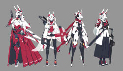 Rule 34 | 1girl, 4girls, absurdres, animal ears, armor, black shorts, fox ears, fox mask, fox tail, full body, grey background, grey hair, gun, helmet, highres, holding, holding gun, holding sword, holding weapon, jacket, japanese clothes, jhcrow3, long hair, mask, mecha musume, mechanical arms, multiple girls, multiple views, original, red eyes, red scarf, scarf, science fiction, sheath, shield, shorts, simple background, skirt, standing, sword, tail, thighhighs, weapon, white hair