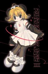1girl animal_ears antenna_hair arm_warmers black_background blonde_hair bow di_gi_charat dress footwear_bow full_body highres looking_at_viewer panda_ears pantyhose parted_lips pepeppepe101 piyoko short_hair simple_background solo white_dress white_footwear