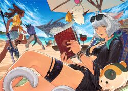 2boys 2girls au_ra beach bikini black_bikini book bracelet commentary dragoon_(final_fantasy) english_commentary eyewear_on_head final_fantasy final_fantasy_xiv grey_hair jewelry lalafell miqo&#039;te moogle multiple_boys multiple_girls official_art polearm short_shorts shorts spear sunglasses swimsuit viera warrior_of_light_(ff14) weapon y&#039;shtola_rhul