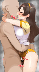 1boy 1girl bald bar_censor blush breasts brown_hair buruma censored closed_eyes clothed_female_nude_male commentary_request faceless faceless_male french_kiss from_side gym_shirt gym_uniform hairband hetero highres hug idolmaster idolmaster_million_live! kiss kitazawa_shiho kurozako large_breasts long_hair nude penis saliva shirt short_sleeves straight_hair sweat yellow_buruma yellow_hairband
