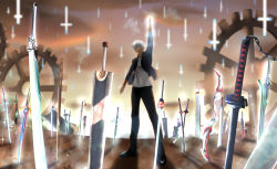 1boy absurdres archer_(fate) archer_(summer_casual)_(fate) berserk blay_rouzer bleach buster_sword covered_abs cross crossover dark-skinned_male dark_skin dengasher_sword_mode devil_may_cry devil_may_cry_(series) devil_may_cry_4 dragonslayer_(sword) energy_sword fate/grand_order fate/stay_night fate_(series) field_of_blades final_fantasy final_fantasy_vii flame_saber gears glasses grey_eyes highres huge_weapon inverted_cross kamen_rider kamen_rider_01_(series) kamen_rider_agito_(series) kamen_rider_black_rx_(series) kamen_rider_blade_(series) kamen_rider_den-o_(series) kasanekirari multiple_weapons muscular planted planted_sword planted_weapon red_queen_(sword) revolcane shining_caliber sword tank_top tensa_zangetsu_(bankai) too_many_weapons unlimited_blade_works_(reality_marble) weapon weapon_request white_hair yoru_(sword)