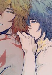 2boys blonde_hair blue_eyes body_markings brown_eyes commentary english_commentary feenxu gradient_hair grey_hair hand_on_another&#039;s_shoulder highres honkai:_star_rail honkai_(series) looking_at_another looking_back male_focus medium_hair multicolored_hair multiple_boys mydei_(honkai:_star_rail) nude parted_bangs parted_lips phainon_(honkai:_star_rail) red_hair sketch teeth upper_body yaoi