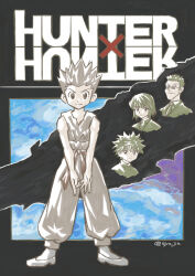 2021 4boys beard_stubble creator_connection facial_hair glasses gon_freecss highres hunter_x_hunter killua_zoldyck kurapika leorio_paladiknight multiple_boys pants pointing pointing_down signature smile spiked_hair stubble syo_jin yuu_yuu_hakusho