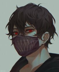 Rule 34 | 1boy, 23i2ko, bags under eyes, black hair, black hoodie, corpse husband, double-parted bangs, earrings, grey background, hair between eyes, hood, hood down, hoodie, jewelry, looking at viewer, male focus, mask, messy hair, mouth mask, offlinetv, portrait, red eyes, short hair, simple background, solo, stud earrings, teeth print mask