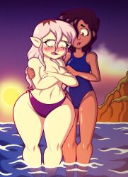2girls amity_blight bare_shoulders beach blush breasts colored_skin commentary covering_breasts covering_privates dark-skinned_female dark_skin english_commentary highres interracial luz_noceda mature_female multiple_girls navel ocean purple_sky sky sun sunset the_owl_house thick_thighs thighs tonyneely wading water white_skin yuri