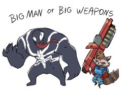 2boys absurdres animal_ears chibi claws english_text furry furry_male gun hashtag-only_commentary highres holding holding_gun holding_weapon male_focus marvel marvel_rivals multiple_boys raccoon_boy raccoon_ears raccoon_tail red_eyes rocket_raccoon sharp_teeth stardog tail teeth tongue tongue_out venom_(marvel) weapon white_background