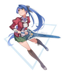 1girl blue_hair boots breasts dated eiyuu_densetsu feng_you floating_hair hair_intakes holding holding_sword holding_weapon huge_weapon large_breasts laura_s._arseid long_hair long_sidelocks long_sleeves necktie ponytail school_uniform sen_no_kiseki_(series) sen_no_kiseki_i sidelocks simple_background single_sidelock skirt smile solo sword thors_military_academy_class_vii_uniform weapon white_background yellow_eyes
