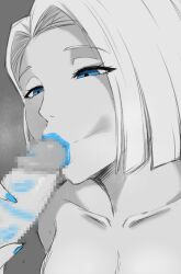 1boy 1girl :&gt;= blue_eyes blue_hair blue_lips blue_nails breasts censored commentary completely_nude curtained_hair earrings emma_frost english_commentary erection eyelashes fellatio gorgenzolla greyscale half-closed_eyes hetero highres jewelry kneeling lipstick lipstick_mark lipstick_mark_on_penis lipstick_ring looking_at_viewer makeup marvel marvel_rivals medium_breasts monochrome multicolored_hair nail_polish nipples nude oral parted_bangs penis solo_focus spot_color streaked_hair two-tone_hair veins veiny_penis x-men