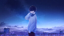1boy amenomori_howa black_hair black_pants building character_request city cloud collared_shirt commentary_request copyright_request cowboy_shot from_side headphones headphones_around_neck highres long_sleeves male_focus night night_sky official_art outdoors pants profile railing scenery shirt shooting_star short_hair sky skyscraper solo standing star_(sky) very_short_hair white_shirt