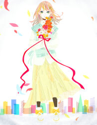 1girl absurdres aqua_eyes aqua_sweater_vest blonde_streaks bouquet bow brown_socks commentary_request expressionless eyelashes flower footwear_bow full_body hair_ornament hairclip highres holding holding_bouquet inori_no_beat_(synthesizer_v) long_skirt long_sleeves masking_tape_(medium) medium_hair mixed_media multicolored_eyes nostrils orange_hair original parted_lips petals pink_flower pink_streaks red_flower red_ribbon ribbon ryono shirt shoes simple_background skirt skyline socks solo standing straight-on swept_bangs traditional_media unconventional_media white_background white_flower white_shirt white_shoes yellow_bow yellow_skirt