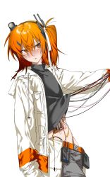 1girl a.i._voice adachi_rei android belt_pouch black_hairband black_shirt blush cable clothes_lift clothes_pull computer_chip grey_pants hair_between_eyes hair_ribbon hairband hand_up headlamp highres hirune_(suiminbusoku118) holding holding_cable jacket long_hair long_sleeves one_side_up open_clothes open_jacket open_mouth orange_eyes orange_hair pants pants_pull parted_lips pouch radio_antenna ribbon shirt shirt_lift simple_background solo turtleneck turtleneck_shirt white_background white_jacket white_ribbon