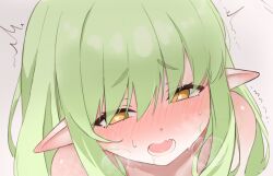 1girl ^^^ blue_archive blush commentary drooling ear_blush fang green_hair hair_between_eyes heart heart-shaped_pupils heavy_breathing highres hikari_(blue_archive) loli long_hair lower_teeth_only mer_lynn nose_blush nude open_mouth pointy_ears saliva simple_background skin_fang solo sweat symbol-shaped_pupils tearing_up teeth yellow_eyes