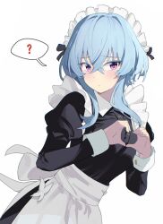 1girl ? alternate_costume apron blue_hair blush breasts closed_mouth colored_eyelashes commentary cowboy_shot enmaided hair_ornament hashtag-only_commentary heart heart_hands highres large_breasts long_hair long_sleeves maid maid_headdress men_zhong_mu purple_eyes shorekeeper_(wuthering_waves) short_hair simple_background solo spoken_question_mark waist_apron white_background wuthering_waves