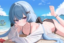 1girl absurdres ass bare_shoulders barefoot beach bikini black_bikini blue_hair blue_sky blush closed_mouth cloud collarbone day feet hair_ornament highres hiyayo25 indie_virtual_youtuber long_hair looking_at_viewer lying mandii ocean on_stomach outdoors purple_eyes sand side-tie_bikini_bottom sky solo starfish string_bikini swimsuit virtual_youtuber water