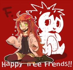 1girl boots clips female_focus flaky_(happy_tree_friends) hair_ornament hairclip happy_tree_friends jacket jpeg_artifacts long_hair long_sleeves messy_hair negura_(yamadori) personification porcupine red_hair red_theme resized sitting sleeves_past_wrists solo tears thighhighs typo wariza yellow_eyes