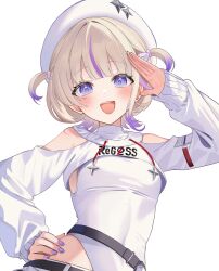Rule 34 | 1girl, absurdres, bare shoulders, blonde hair, cowboy shot, flat chest, highres, hololive, hololive dev is, leotard, multicolored hair, purple eyes, purple hair, short hair, solo, streaked hair, todoroki hajime, two side up, uekana9, virtual youtuber, white leotard