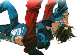 2boys atie1225 belt belt_buckle black_gloves black_jacket blue_eyes brown_hair buckle clothes_grab collared_jacket commentary_request glaring gloves hand_on_another&#039;s_arm headband highres jacket knee_up kusanagi_kyou leg_belt long_sleeves looking_at_another lying male_focus multiple_boys on_back open_clothes open_jacket pants reaching reaching_towards_another red_belt red_pants shirt short_hair simple_background solo_focus t-shirt the_king_of_fighters white_background white_shirt yagami_iori