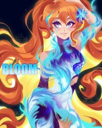 bare_shoulders black_background blonde_hair bloom_(winx_club) blue_bodysuit blue_eyes blue_eyeshadow blue_flower blue_hair bodysuit character_name clothing_cutout colored_inner_hair elbow_gloves eyelashes eyeshadow floating_hair flower gloves hair_flower hair_ornament hand_on_own_hip highres libbly_libby light_particles long_hair magical_girl makeup multicolored_hair orange_hair purple_gloves side_slit simple_background single_elbow_glove sleeveless sleeveless_bodysuit streaked_hair thigh_cutout very_long_hair winx_club