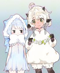 2girls animal_ears arms_at_sides black_eyes black_gloves black_horns black_legwear blue_dress blue_hair braid dress flower gen_8_pokemon gloves highres holding holding_flower hood horns light_blue_hair multiple_girls nintendo parted_bangs personification pokemon pokemon_swsh sakutake_(ue3sayu) sheep_ears short_hair sleeveless snom standing swept_bangs white_hair wooloo yellow_eyes