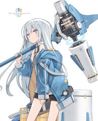 1girl bare_shoulders black_shorts blue_jacket closed_mouth commentary_request hair_between_eyes hand_up highres holding hood hood_down hooded_jacket jacket kine long_hair mallet off_shoulder open_clothes open_jacket original poco_(asahi_age) purple_eyes shirt short_shorts shorts silver_hair simple_background sleeveless sleeveless_shirt solo standing very_long_hair white_background white_shirt