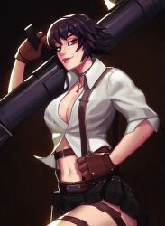 1girl black_background black_hair breasts brown_gloves cleavage commentary commission devil_may_cry devil_may_cry_(series) devil_may_cry_3 english_commentary gloves green_eyes heterochromia highres holding holding_rocket_launcher holding_weapon jewelry kalina_ann_(weapon) lady_(devil_may_cry) looking_at_viewer midriff navel necklace qtori red_eyes rocket_launcher shirt short_hair simple_background smile solo weapon white_shirt