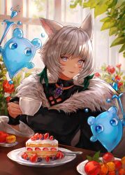 1girl absurdres animal_ears black_dress breasts cake cat_ears cat_girl choker coconutcatcat cup dress facial_mark familiar feather_hair_ornament feathers final_fantasy final_fantasy_xiv food fruit fur-trimmed_dress fur_trim grey_hair hair_ornament highres holding holding_cup looking_at_viewer miqo&#039;te nixie_(ff14) plate whisker_markings y&#039;shtola_rhul